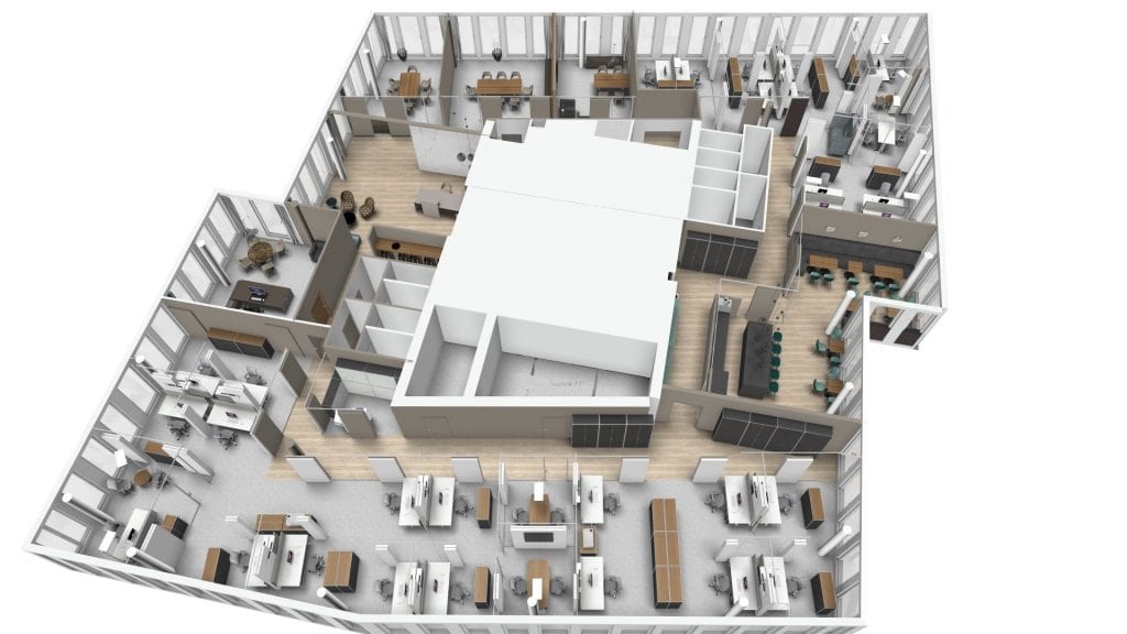 3D-Grundriss eines Büros mit Arbeitsplätzen, Besprechungsräumen und Fenstern.