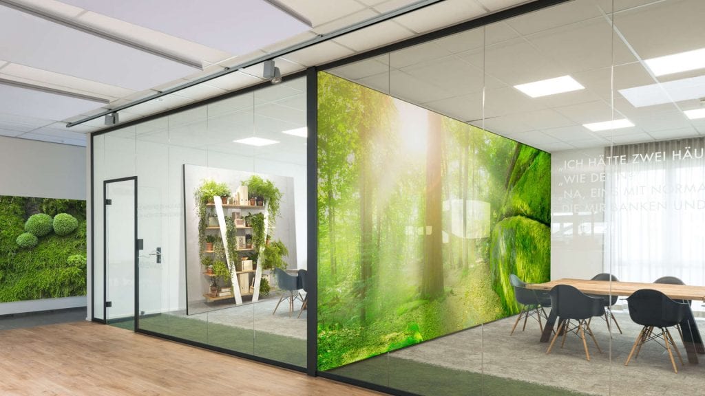 Büro mit großflächiger Glaswand und Naturmotiv als dekorativem Raumteiler