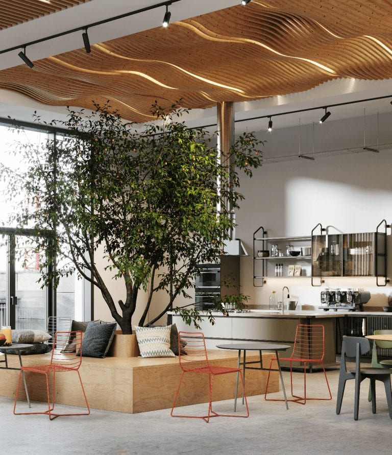 Moderne Lounge mit Baum, Holzdecke und offenen Regalen in heller Küche.