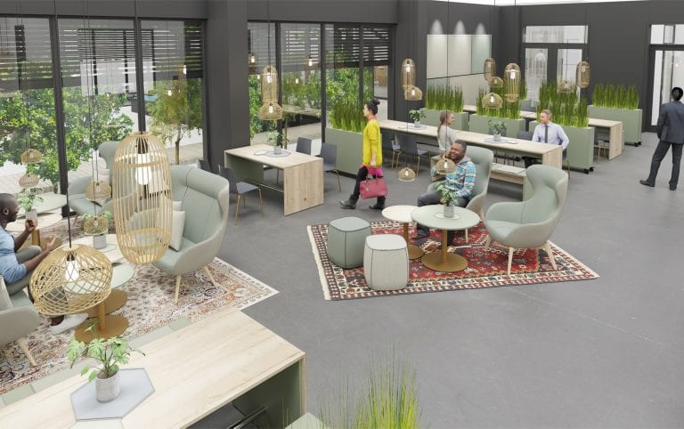 Moderne Bürolandschaft mit offenen Arbeitsplätzen, Pflanzen und gemütlichen Sitzbereichen