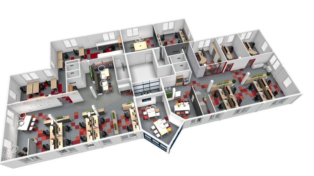 Bürogrundriss mit Schreibtischen, Küche, WC, Besprechungsbereichen und Pflanzen.