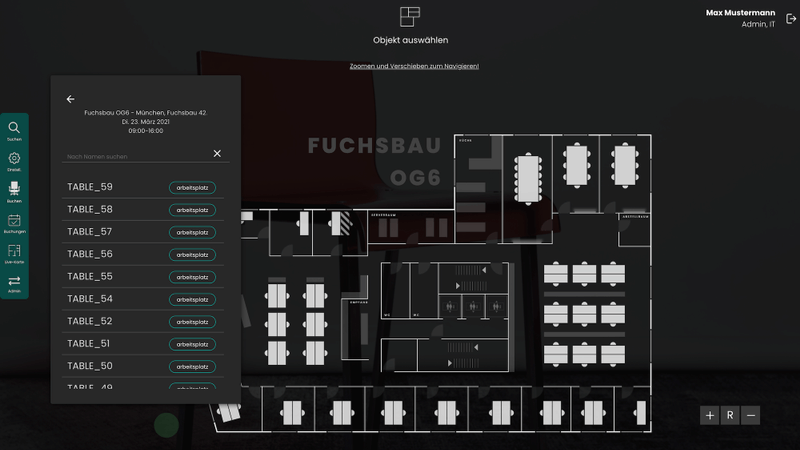 Digitale Bürogrundriss-Ansicht, Fuchsbau OG6, mit Arbeitsplatzliste und Suchfunktion.