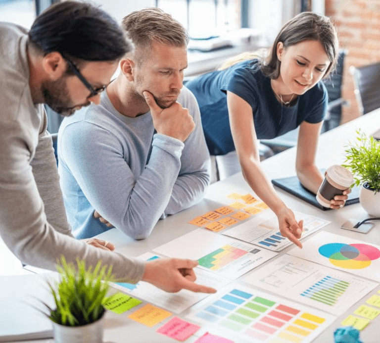 Personen besprechen gemeinsam Diagramme und Notizen an einem Tisch.