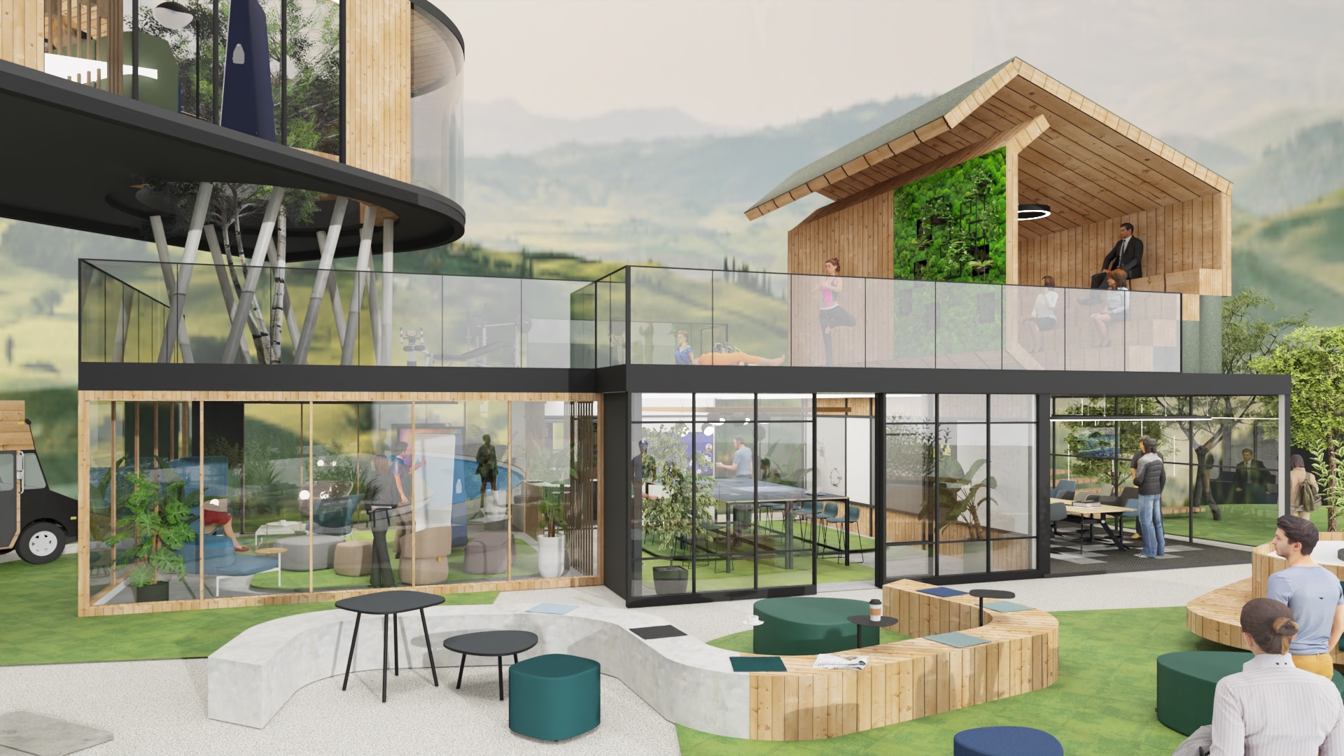 Visualisierung eines innovativen Bürogebäudes im Grünen