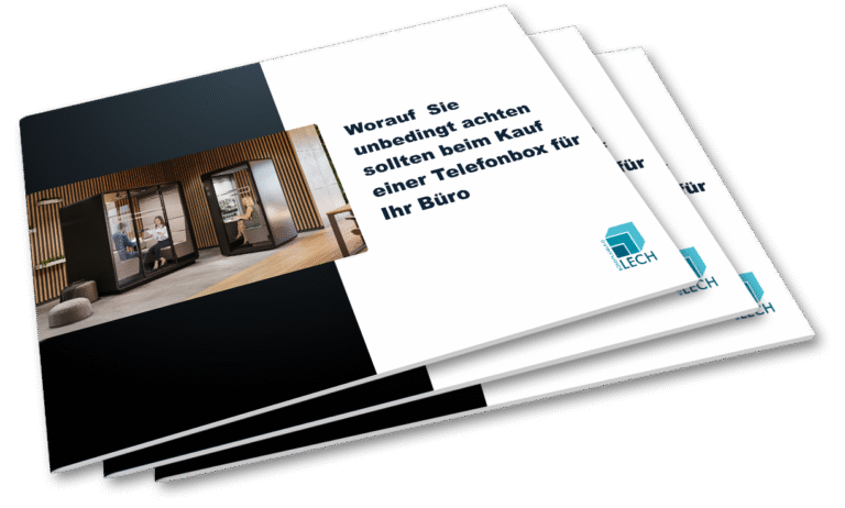 Drei übereinander gestapelte, blau-weiße Guides zum Thema "So wählst du die optimale Telefonbox für dein Büro aus".