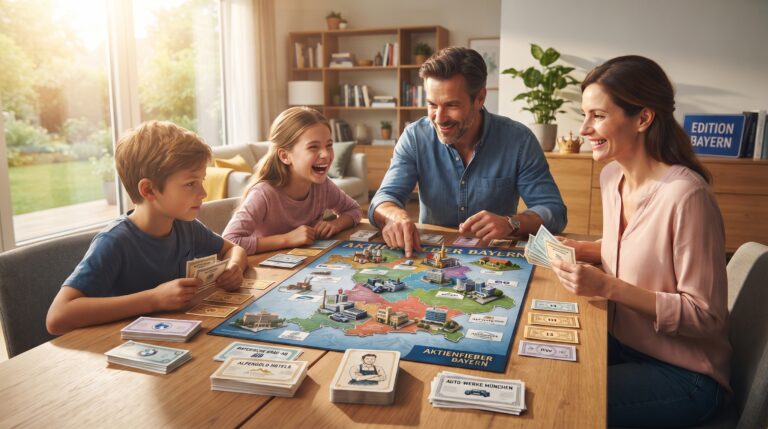 Eine fröhliche Familie spielt gemeinsam das Brettspiel „AKTIENFIEBER Bayern“ an einem modernen Holztisch in einem hellen Wohnzimmer.