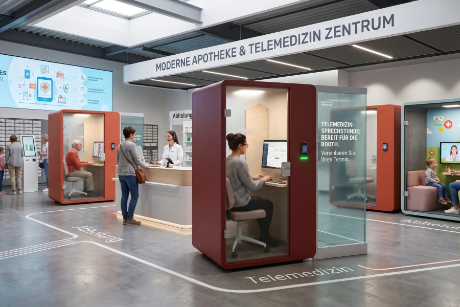 Moderne Apotheke mit Telemedizin Die moderne Apotheke verbindet persönliche Gesundheitsberatung mit digitalen Versorgungsangeboten. Neben der klassischen Arzneimittelversorgung bietet sie telemedizinische Dienstleistungen an, bei denen Patientinnen und Patienten in einem geschützten Beratungsbereich oder einer Akustikkabine per Videosprechstunde mit Ärztinnen und Ärzten kommunizieren können. Dadurch werden medizinische Leistungen schneller, wohnortnah und barrierearm zugänglich. Die Apotheke fungiert als Schnittstelle zwischen digitaler Gesundheitsversorgung und persönlicher Betreuung und stärkt durch innovative Technologien die Servicequalität sowie die Patientenorientierung.
